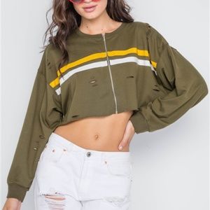 Olive Distressed Zip Crop Sweater